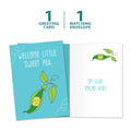 Load image into Gallery viewer, The cover and inside of Tree-Free’s Welcome Sweet Pea card, along with the following text: “1 greeting card, 1 matching envelope”