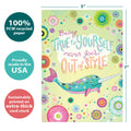Load image into Gallery viewer, The cover of Tree-Free’s True to Yourself Narwhal card with lines demonstrating its 5x7 dimensions, along with the following text: “100% PCW recycled paper, proudly made in the USA, sustainably printed on extra-thick card stock”