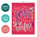 Load image into Gallery viewer, The cover of Tree-Free’s Love is Life card with lines demonstrating its 5x7 dimensions, along with the following text: “100% PCW recycled paper, proudly made in the USA, sustainably printed on extra-thick card stock”