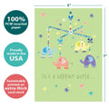 Load image into Gallery viewer, The cover of Tree-Free’s Elephant Mobile card with lines demonstrating its 5x7 dimensions, along with the following text: “100% PCW recycled paper, proudly made in the USA, sustainably printed on extra-thick card stock”