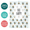 Load image into Gallery viewer, The cover of Tree-Free’s Bee Happy card with lines demonstrating its 5x7 dimensions, along with the following text: “100% PCW recycled paper, proudly made in the USA, sustainably printed on extra-thick card stock”