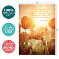 Load image into Gallery viewer, The cover of Tree-Free’s Red Sympathy Poppies Sympathy Card card with lines demonstrating its 5x7 dimensions, along with the following text: “100% PCW recycled paper, proudly made in the USA, sustainably printed on extra-thick card stock”