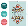 Load image into Gallery viewer, The cover of Tree-Free’s Botanical Butterflies Thank You Card card with lines demonstrating its 5x7 dimensions, along with the following text: “100% PCW recycled paper, proudly made in the USA, sustainably printed on extra-thick card stock”