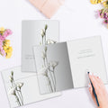 Load image into Gallery viewer, The inside of Tree-Free’s Elegant Thoughts Sympathy Card card, with the cover and envelope in the background.