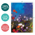 Load image into Gallery viewer, The cover of Tree-Free’s Glowing Garden card with lines demonstrating its 5x7 dimensions, along with the following text: “100% PCW recycled paper, proudly made in the USA, sustainably printed on extra-thick card stock”