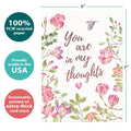 Load image into Gallery viewer, The cover of Tree-Free’s Simple Thoughts Sympathy Card card with lines demonstrating its 5x7 dimensions, along with the following text: “100% PCW recycled paper, proudly made in the USA, sustainably printed on extra-thick card stock”