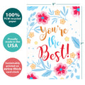 Load image into Gallery viewer, The cover of Tree-Free’s Best Thanks card with lines demonstrating its 5x7 dimensions, along with the following text: “100% PCW recycled paper, proudly made in the USA, sustainably printed on extra-thick card stock”