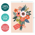 Load image into Gallery viewer, The cover of Tree-Free’s Thanks A Bunch Thank You Card card with lines demonstrating its 5x7 dimensions, along with the following text: “100% PCW recycled paper, proudly made in the USA, sustainably printed on extra-thick card stock”