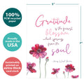 Load image into Gallery viewer, The cover of Tree-Free’s Gratitude Blossoms Thank You Card card with lines demonstrating its 5x7 dimensions, along with the following text: “100% PCW recycled paper, proudly made in the USA, sustainably printed on extra-thick card stock”