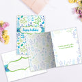 Load image into Gallery viewer, The inside of Tree-Free’s Birthday Floral card, with the cover and envelope in the background.