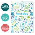 Load image into Gallery viewer, The cover of Tree-Free’s Birthday Floral card with lines demonstrating its 5x7 dimensions, along with the following text: “100% PCW recycled paper, proudly made in the USA, sustainably printed on extra-thick card stock”