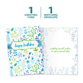Load image into Gallery viewer, The cover and inside of Tree-Free’s Birthday Floral card, along with the following text: “1 greeting card, 1 matching envelope”