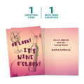 Load image into Gallery viewer, The cover and inside of Tree-Free’s Wine O'Clock card, along with the following text: “1 greeting card, 1 matching envelope”