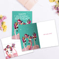Load image into Gallery viewer, The inside of Tree-Free’s Flocking Birthday card, with the cover and envelope in the background.