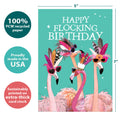 Load image into Gallery viewer, The cover of Tree-Free’s Flocking Birthday card with lines demonstrating its 5x7 dimensions, along with the following text: “100% PCW recycled paper, proudly made in the USA, sustainably printed on extra-thick card stock”