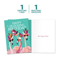 Load image into Gallery viewer, The cover and inside of Tree-Free’s Flocking Birthday card, along with the following text: “1 greeting card, 1 matching envelope”