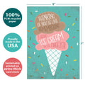 Load image into Gallery viewer, The cover of Tree-Free’s Freezer Ice Cream card with lines demonstrating its 5x7 dimensions, along with the following text: “100% PCW recycled paper, proudly made in the USA, sustainably printed on extra-thick card stock”
