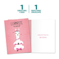 Load image into Gallery viewer, The cover and inside of Tree-Free’s Llamaste All Day card, along with the following text: “1 greeting card, 1 matching envelope”