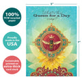 Load image into Gallery viewer, The cover of Tree-Free’s Queen For A Day card with lines demonstrating its 5x7 dimensions, along with the following text: “100% PCW recycled paper, proudly made in the USA, sustainably printed on extra-thick card stock”