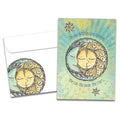 Load image into Gallery viewer, Cover of Sun Moon and Stars Birthday card (featuring serif text above and below artwork of the sun and the moon surrounded by stars) and its matching envelope