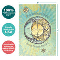 Load image into Gallery viewer, The cover of Tree-Free’s Sun Moon and Stars card with lines demonstrating its 5x7 dimensions, along with the following text: “100% PCW recycled paper, proudly made in the USA, sustainably printed on extra-thick card stock”