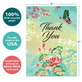 Load image into Gallery viewer, The cover of Tree-Free’s Primavera Thanks card with lines demonstrating its 5x7 dimensions, along with the following text: “100% PCW recycled paper, proudly made in the USA, sustainably printed on extra-thick card stock”