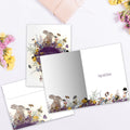 Load image into Gallery viewer, The inside of Tree-Free’s Honey Bunny Birthday card, with the cover and envelope in the background.