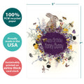 Load image into Gallery viewer, The cover of Tree-Free’s Honey Bunny Birthday card with lines demonstrating its 5x7 dimensions, along with the following text: “100% PCW recycled paper, proudly made in the USA, sustainably printed on extra-thick card stock”