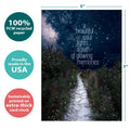 Load image into Gallery viewer, The cover of Tree-Free’s Glowing Path card with lines demonstrating its 5x7 dimensions, along with the following text: “100% PCW recycled paper, proudly made in the USA, sustainably printed on extra-thick card stock”
