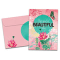 Load image into Gallery viewer, The cover of Tree-Free's Inside And Out Beauty card, along with its matching envelope.