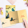 Load image into Gallery viewer, The inside of Tree-Free’s Thankful Birds card, with the cover and envelope in the background.