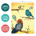 Load image into Gallery viewer, The cover of Tree-Free’s Thankful Birds card with lines demonstrating its 5x7 dimensions, along with the following text: “100% PCW recycled paper, proudly made in the USA, sustainably printed on extra-thick card stock”