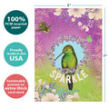 Load image into Gallery viewer, The cover of Tree-Free’s Sparkle Bird card with lines demonstrating its 5x7 dimensions, along with the following text: “100% PCW recycled paper, proudly made in the USA, sustainably printed on extra-thick card stock”