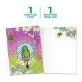 Load image into Gallery viewer, The cover and inside of Tree-Free’s Sparkle Bird All Occasion Card card, along with the following text: “1 greeting card, 1 matching envelope”
