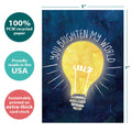 Load image into Gallery viewer, The cover of Tree-Free’s Brighten My World card with lines demonstrating its 5x7 dimensions, along with the following text: “100% PCW recycled paper, proudly made in the USA, sustainably printed on extra-thick card stock”