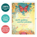 Load image into Gallery viewer, The cover of Tree-Free’s Earth Goddess All Occasion Card card with lines demonstrating its 5x7 dimensions, along with the following text: “100% PCW recycled paper, proudly made in the USA, sustainably printed on extra-thick card stock”