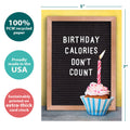 Load image into Gallery viewer, The cover of Tree-Free’s Birthday Calories card with lines demonstrating its 5x7 dimensions, along with the following text: “100% PCW recycled paper, proudly made in the USA, sustainably printed on extra-thick card stock”