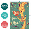 Load image into Gallery viewer, The cover of Tree-Free’s Giraffe Mom card with lines demonstrating its 5x7 dimensions, along with the following text: “100% PCW recycled paper, proudly made in the USA, sustainably printed on extra-thick card stock”