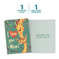 Load image into Gallery viewer, The cover and inside of Tree-Free’s Giraffe Mom card, along with the following text: “1 greeting card, 1 matching envelope”
