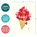 Load image into Gallery viewer, The cover of Tree-Free’s Melt My Heart Valentine card with lines demonstrating its 5x7 dimensions, along with the following text: “100% PCW recycled paper, proudly made in the USA, sustainably printed on extra-thick card stock”