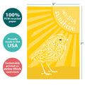 Load image into Gallery viewer, The cover of Tree-Free’s Sunshine Season All Occasion Card card with lines demonstrating its 5x7 dimensions, along with the following text: “100% PCW recycled paper, proudly made in the USA, sustainably printed on extra-thick card stock”