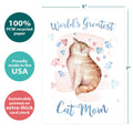 Load image into Gallery viewer, The cover of Tree-Free’s Cat Mom card with lines demonstrating its 5x7 dimensions, along with the following text: “100% PCW recycled paper, proudly made in the USA, sustainably printed on extra-thick card stock”