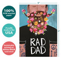 Load image into Gallery viewer, The cover of Tree-Free’s Rad Dad card with lines demonstrating its 5x7 dimensions, along with the following text: “100% PCW recycled paper, proudly made in the USA, sustainably printed on extra-thick card stock”