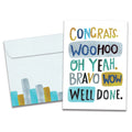 Load image into Gallery viewer, The cover of Tree-Free's Woohoo Congrats Graduation Card card, along with its matching envelope.