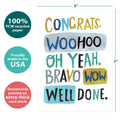 Load image into Gallery viewer, The cover of Tree-Free’s Woohoo Congrats Graduation Card card with lines demonstrating its 5x7 dimensions, along with the following text: “100% PCW recycled paper, proudly made in the USA, sustainably printed on extra-thick card stock”