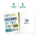 Load image into Gallery viewer, The cover and inside of Tree-Free’s Woohoo Congrats Graduation Card card, along with the following text: “1 greeting card, 1 matching envelope”