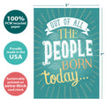 Load image into Gallery viewer, The cover of Tree-Free’s Born Today Birthday Card card with lines demonstrating its 5x7 dimensions, along with the following text: “100% PCW recycled paper, proudly made in the USA, sustainably printed on extra-thick card stock”