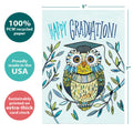 Load image into Gallery viewer, The cover of Tree-Free’s Graduation Owl card with lines demonstrating its 5x7 dimensions, along with the following text: “100% PCW recycled paper, proudly made in the USA, sustainably printed on extra-thick card stock”