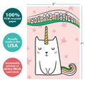 Load image into Gallery viewer, The cover of Tree-Free’s Magical Cat Unicorn card with lines demonstrating its 5x7 dimensions, along with the following text: “100% PCW recycled paper, proudly made in the USA, sustainably printed on extra-thick card stock”