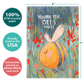 Load image into Gallery viewer, The cover of Tree-Free’s Bee's Knees card with lines demonstrating its 5x7 dimensions, along with the following text: “100% PCW recycled paper, proudly made in the USA, sustainably printed on extra-thick card stock”
